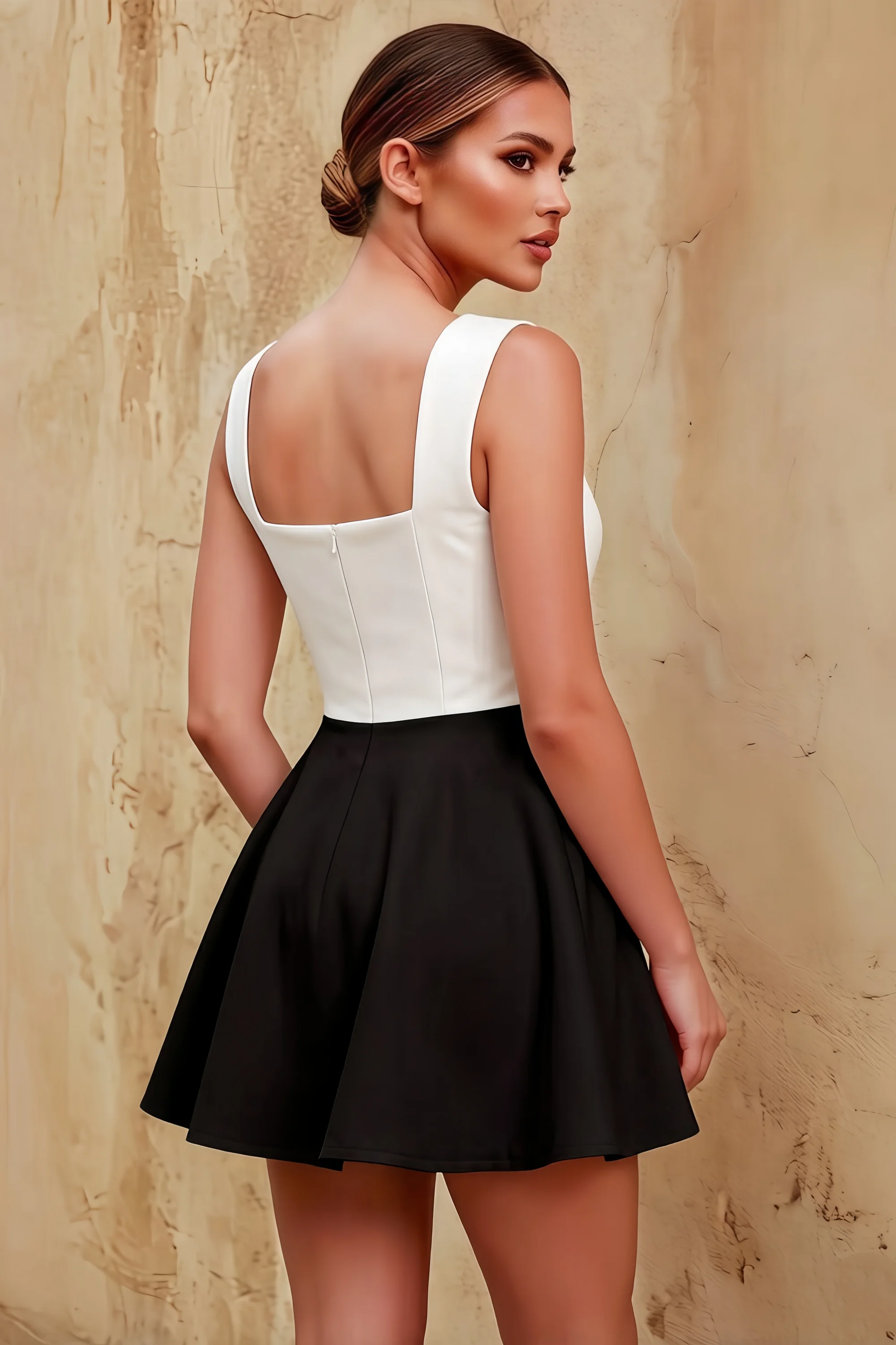 Ella White and Black A Line Skater Sweetheart Neckline Mini Dress