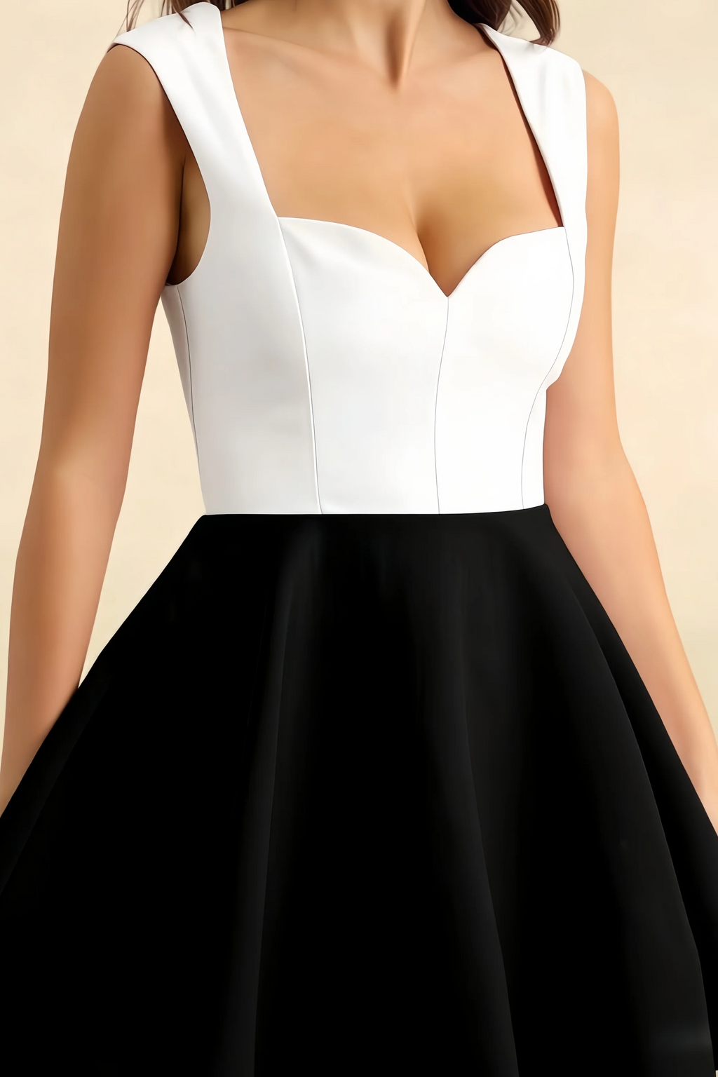 Ella White and Black A Line Skater Sweetheart Neckline Mini Dress