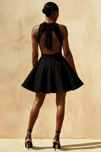 Ellen Black A Line Scoop Neck Mini Dress  | Open Back Bow