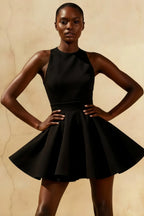Ellen Black A Line Scoop Neck Mini Dress  | Open Back Bow