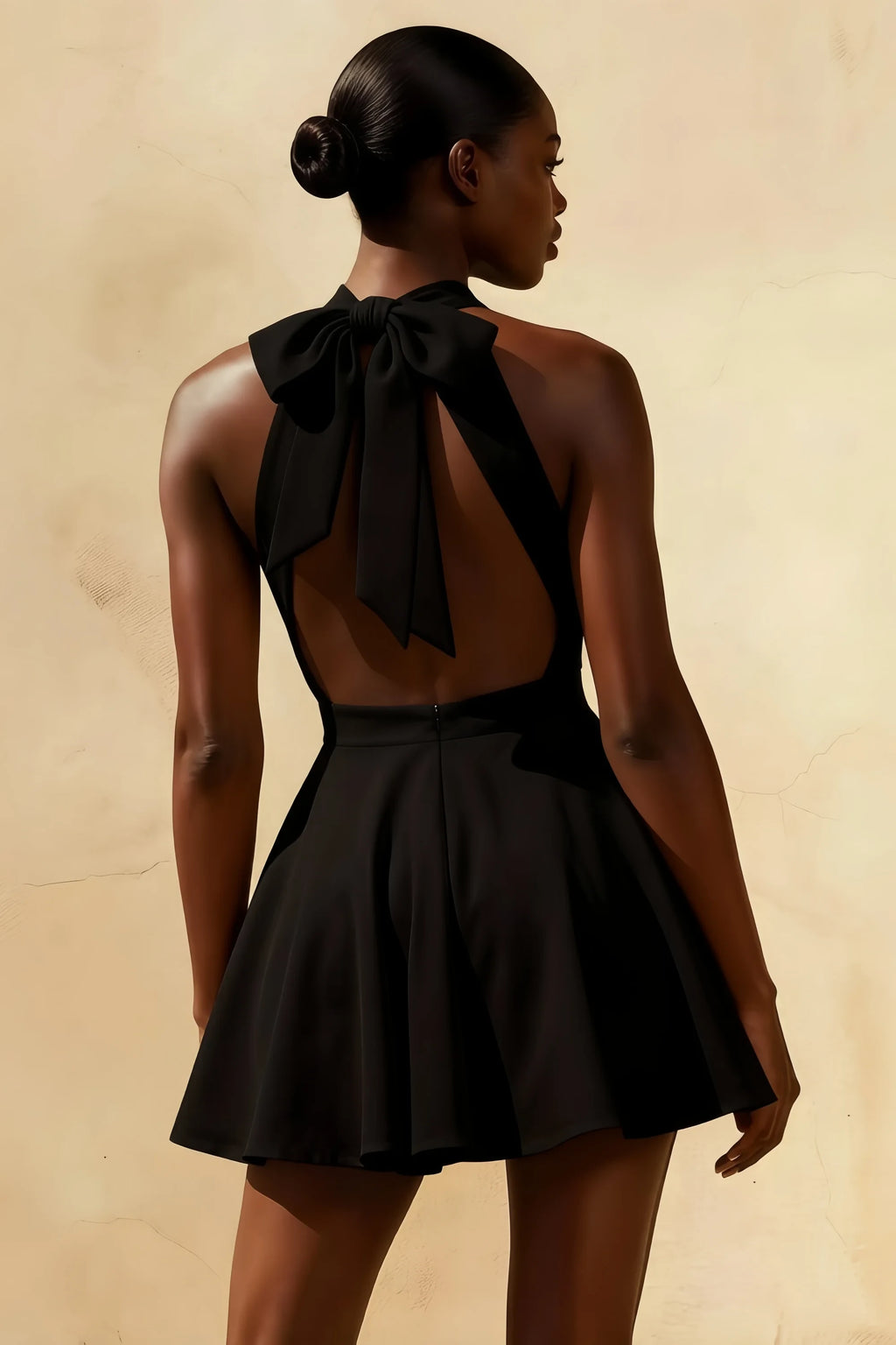 Ellen Black A Line Scoop Neck Mini Dress  | Open Back Bow