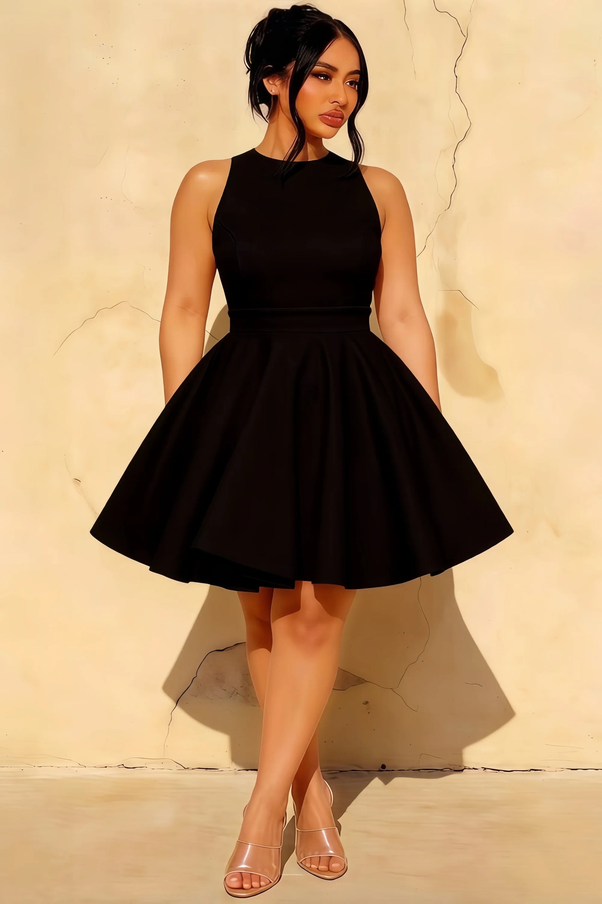 Ellen Black A Line Scoop Neck Mini Dress  | Open Back Bow
