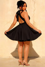 Ellen Black A Line Scoop Neck Mini Dress  | Open Back Bow