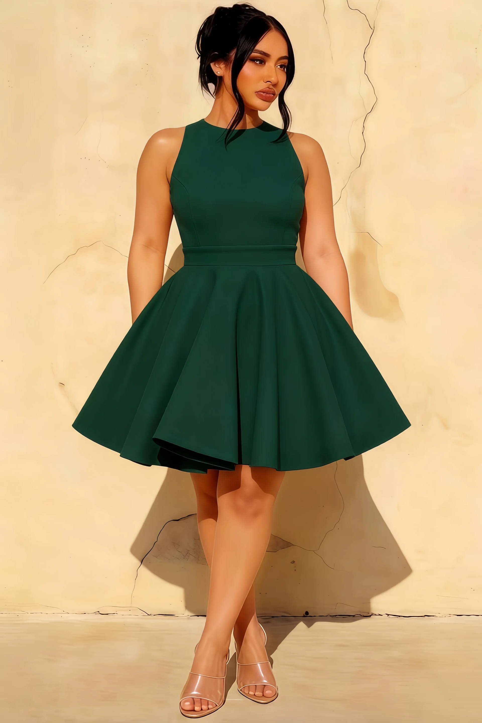 Ellen Emerald Green A Line Scoop Neck Mini Dress