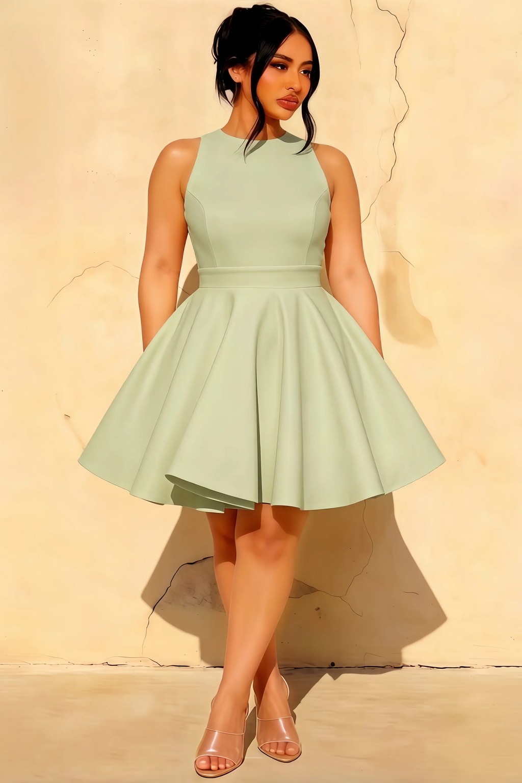 Ellen Sage Green A Line Scoop Neck Mini Dress