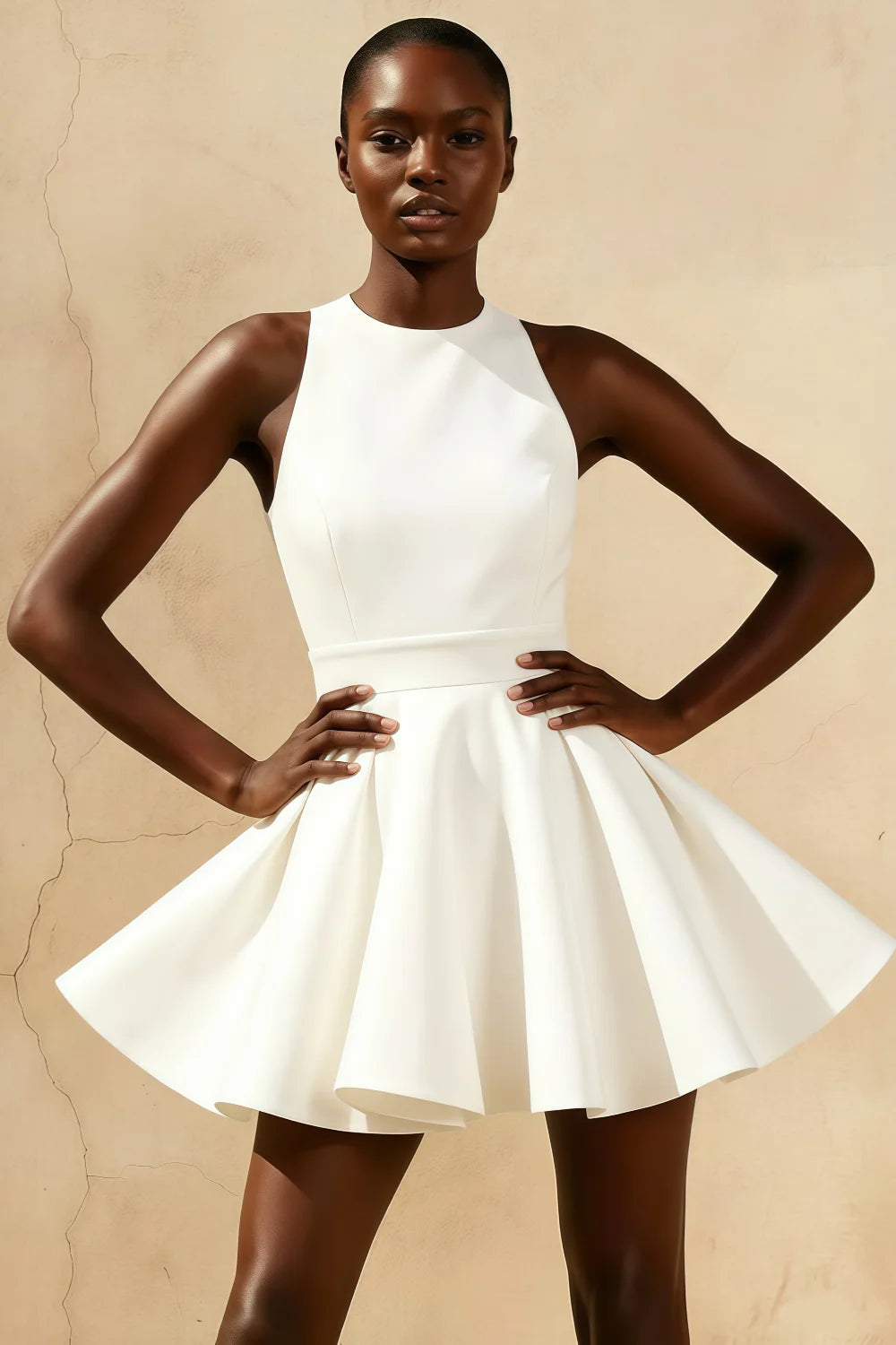 Ellen White A Line Scoop Neck Mini Dress