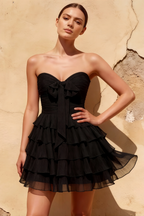 Ellie Black Sweetheart Neck Ruffle Mini Dress
