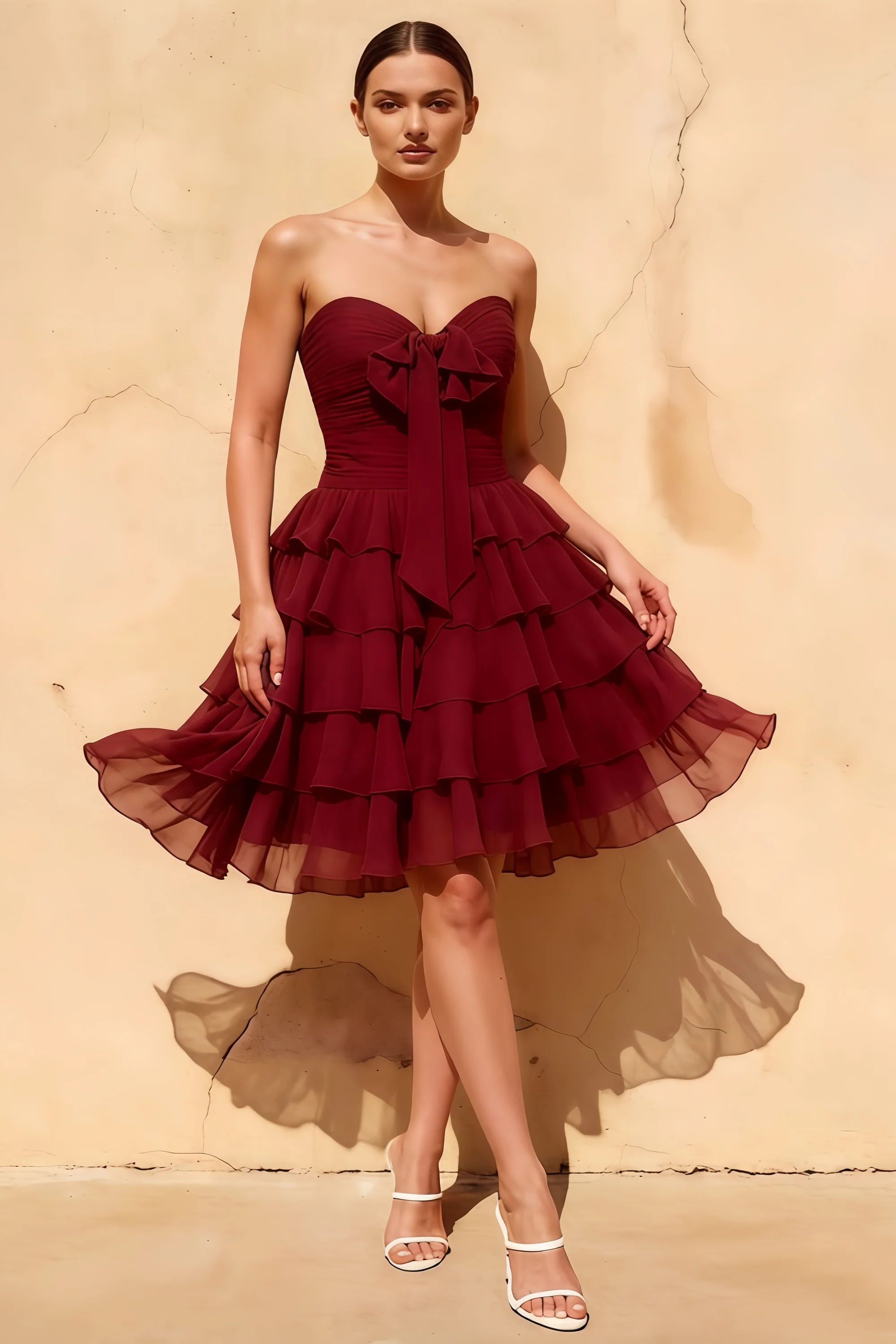 Ellie Burgundy Sweetheart Neck Ruffle Mini Dress Main image