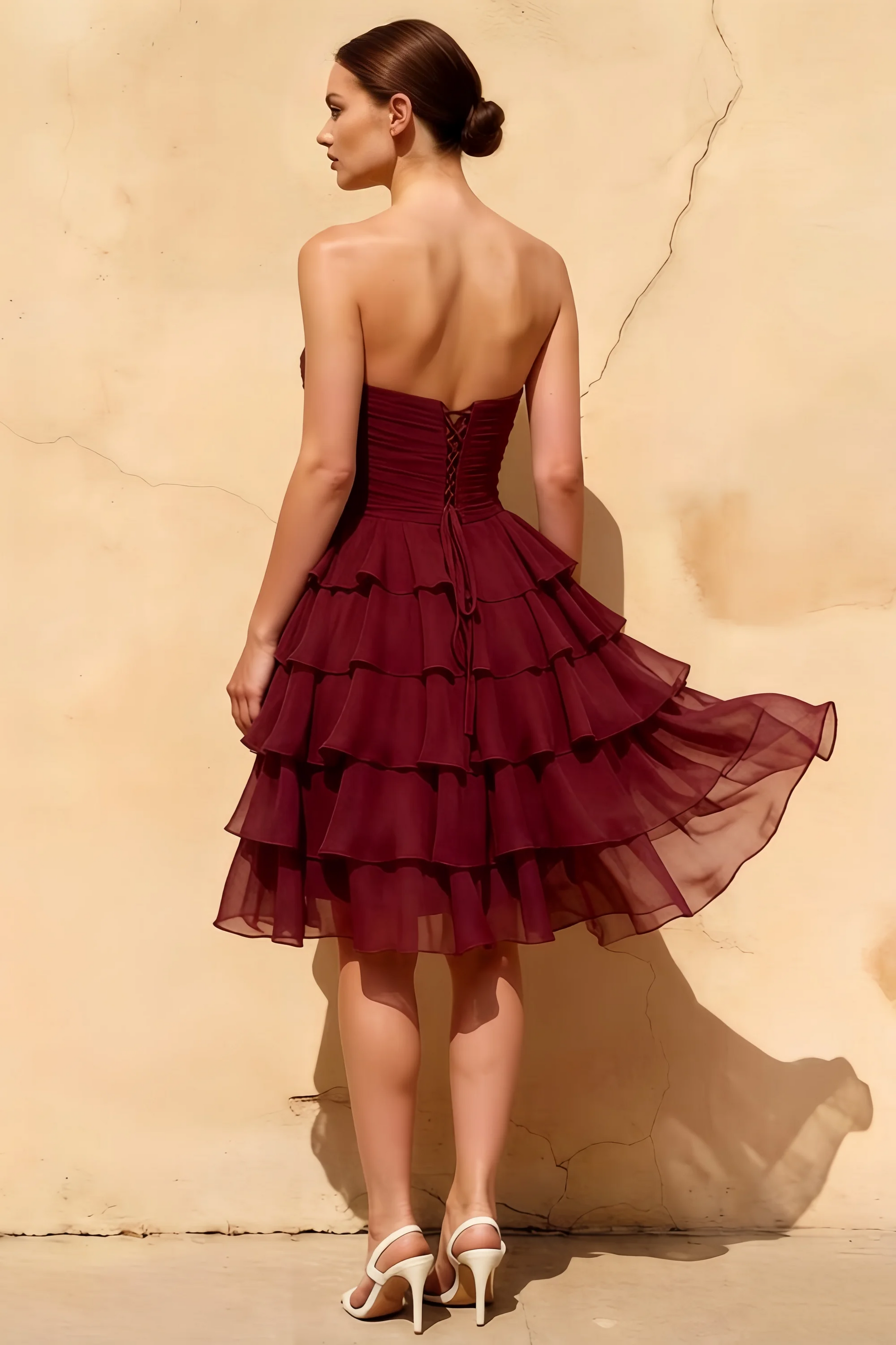 Ellie Burgundy Sweetheart Neck Ruffle Mini Dress
