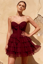 Ellie Burgundy Sweetheart Neck Ruffle Mini Dress