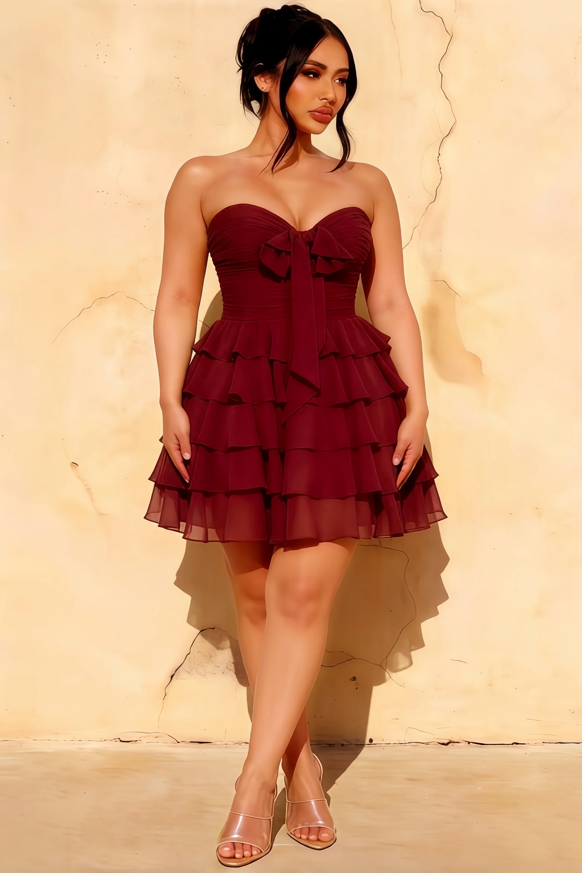 Ellie Burgundy Sweetheart Neck Ruffle Mini Dress
