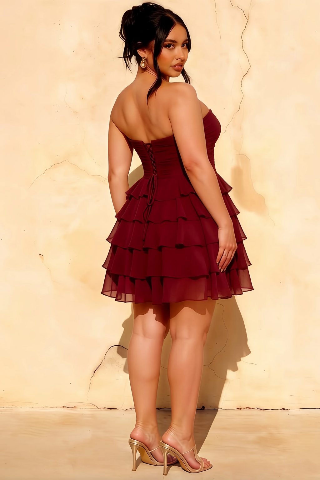 Ellie Burgundy Sweetheart Neck Ruffle Mini Dress