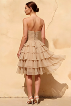 Ellie Champagne Sweetheart Neck Ruffle Mini Dress