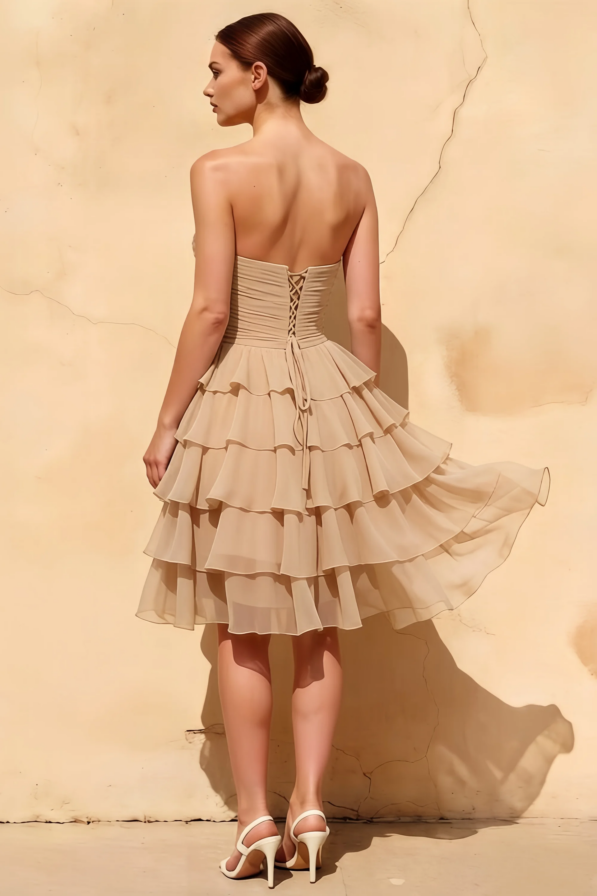 Ellie Champagne Sweetheart Neck Ruffle Mini Dress
