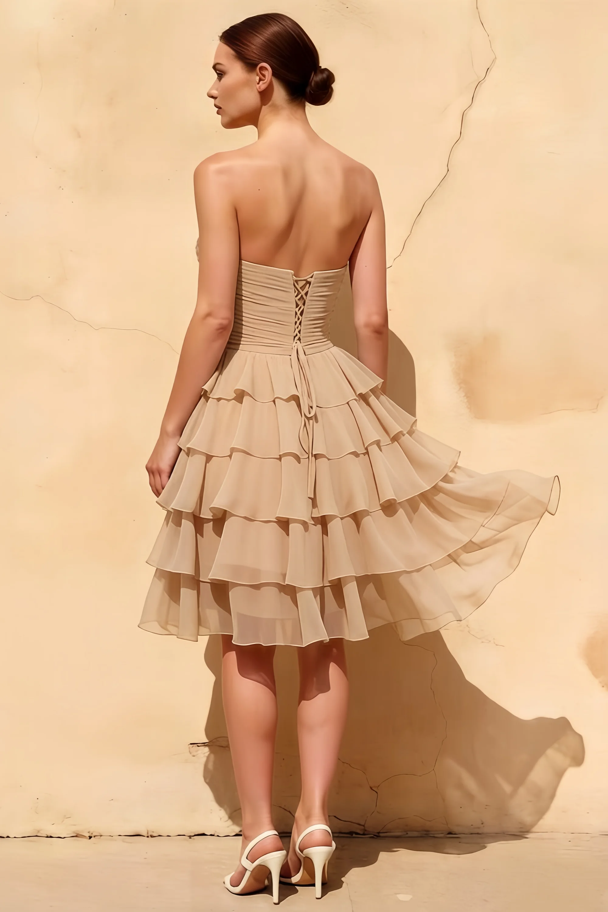 Ellie Champagne Sweetheart Neck Ruffle Mini Dress
