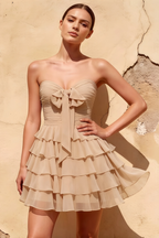 Ellie Champagne Sweetheart Neck Ruffle Mini Dress
