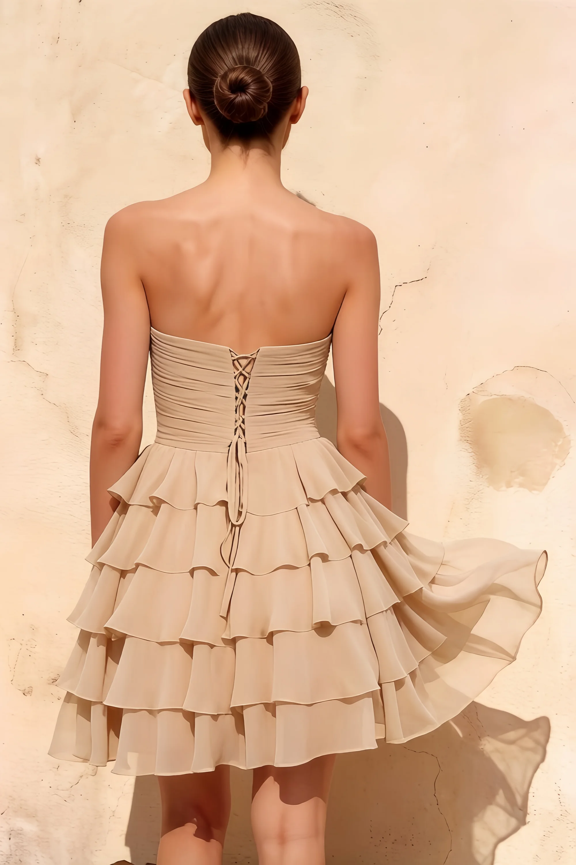Ellie Champagne Sweetheart Neck Ruffle Mini Dress