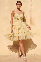 Ellie Lemon Sweetheart Neck Ruffle Mini Dress | Bow Tie Backless Party Dress