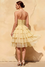 Ellie Lemon Sweetheart Neck Ruffle Mini Dress | Bow Tie Backless Party Dress