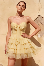 Ellie Lemon Sweetheart Neck Ruffle Mini Dress | Bow Tie Backless Party Dress