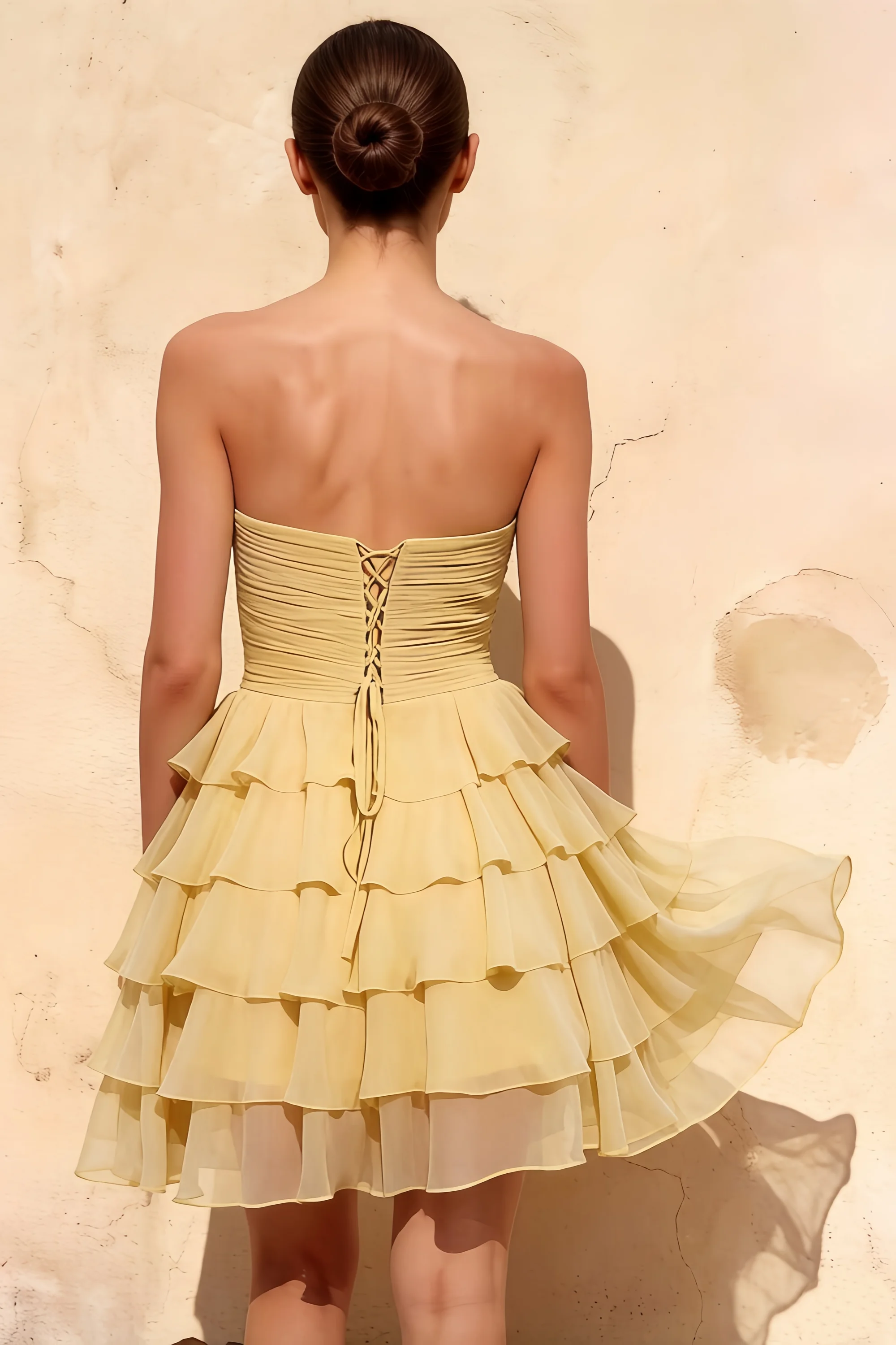 Ellie Lemon Sweetheart Neck Ruffle Mini Dress | Bow Tie Backless Party Dress