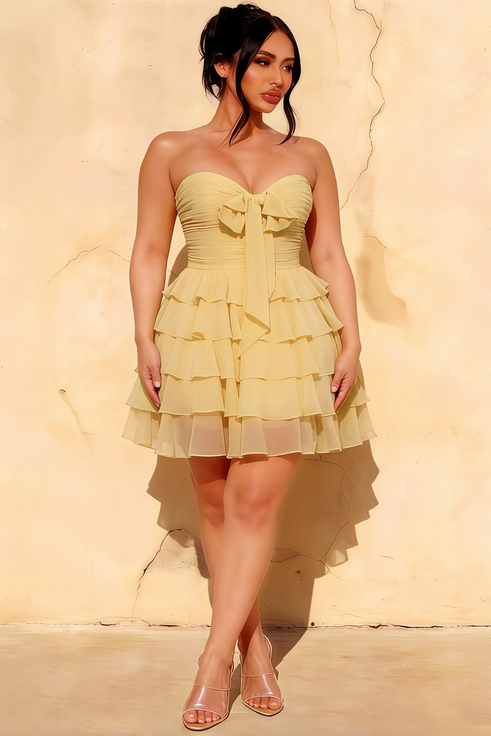 Ellie Lemon Sweetheart Neck Ruffle Mini Dress | Bow Tie Backless Party Dress