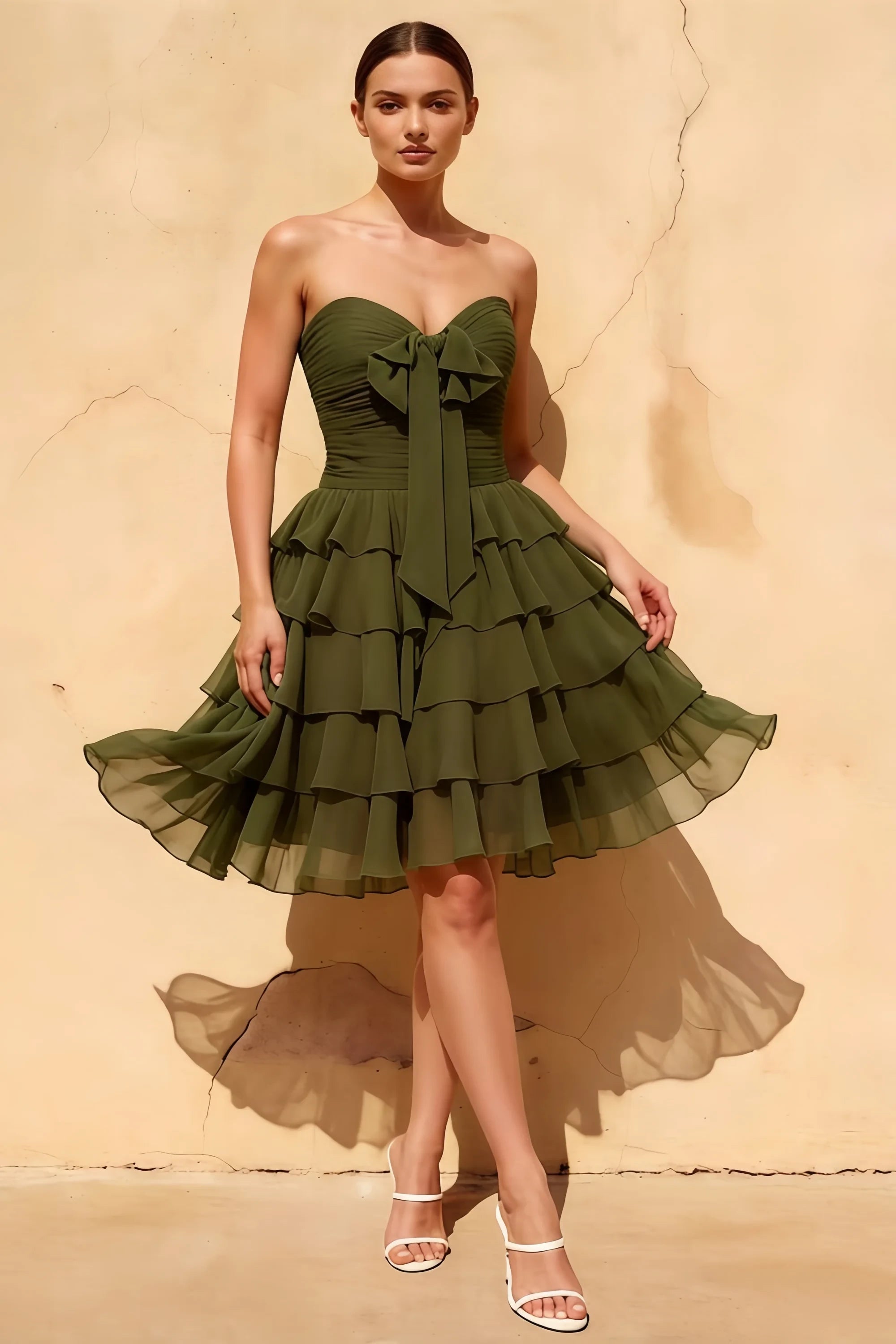 Ellie Olive Green Sweetheart Neck Ruffle Mini Dress Main image