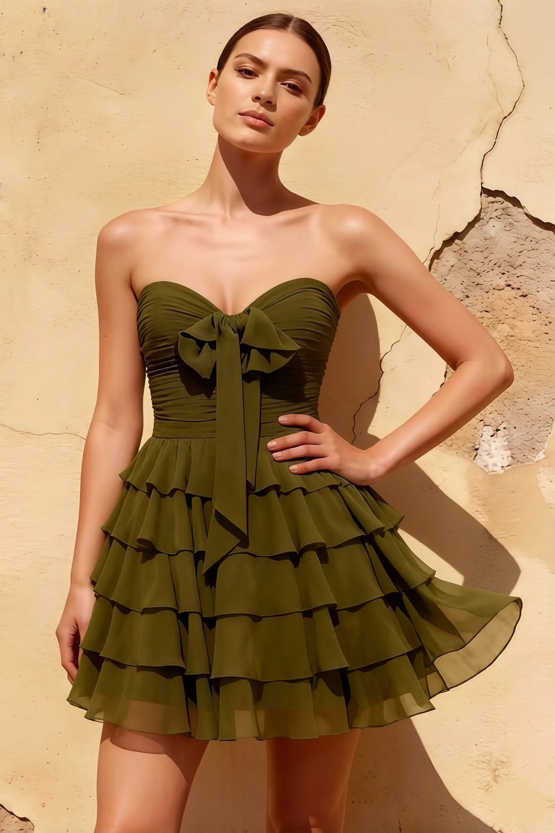 Ellie Olive Green Sweetheart Neck Ruffle Mini Dress