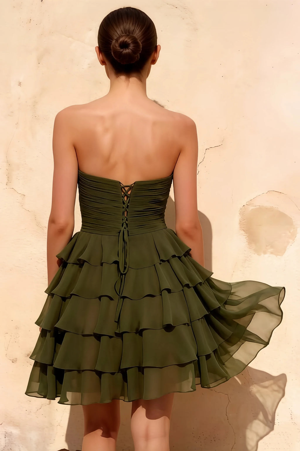 Ellie Olive Green Sweetheart Neck Ruffle Mini Dress