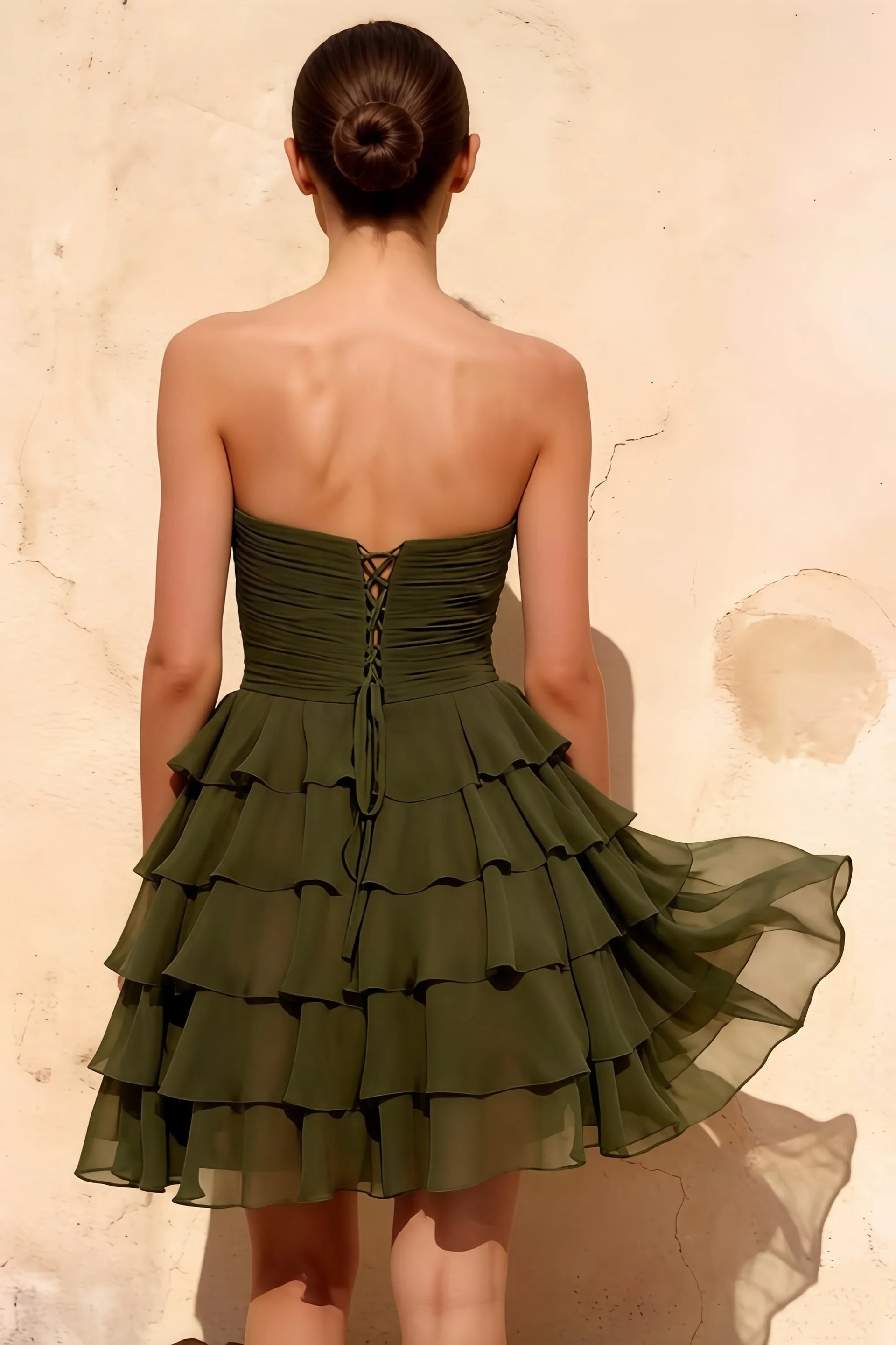 Ellie Olive Green Sweetheart Neck Ruffle Mini Dress