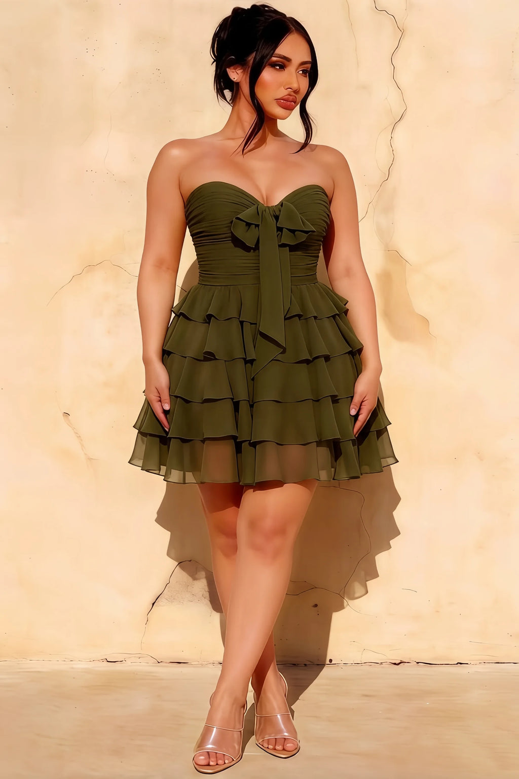Ellie Olive Green Sweetheart Neck Ruffle Mini Dress