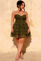 Ellie Olive Green Sweetheart Neck Ruffle Mini Dress