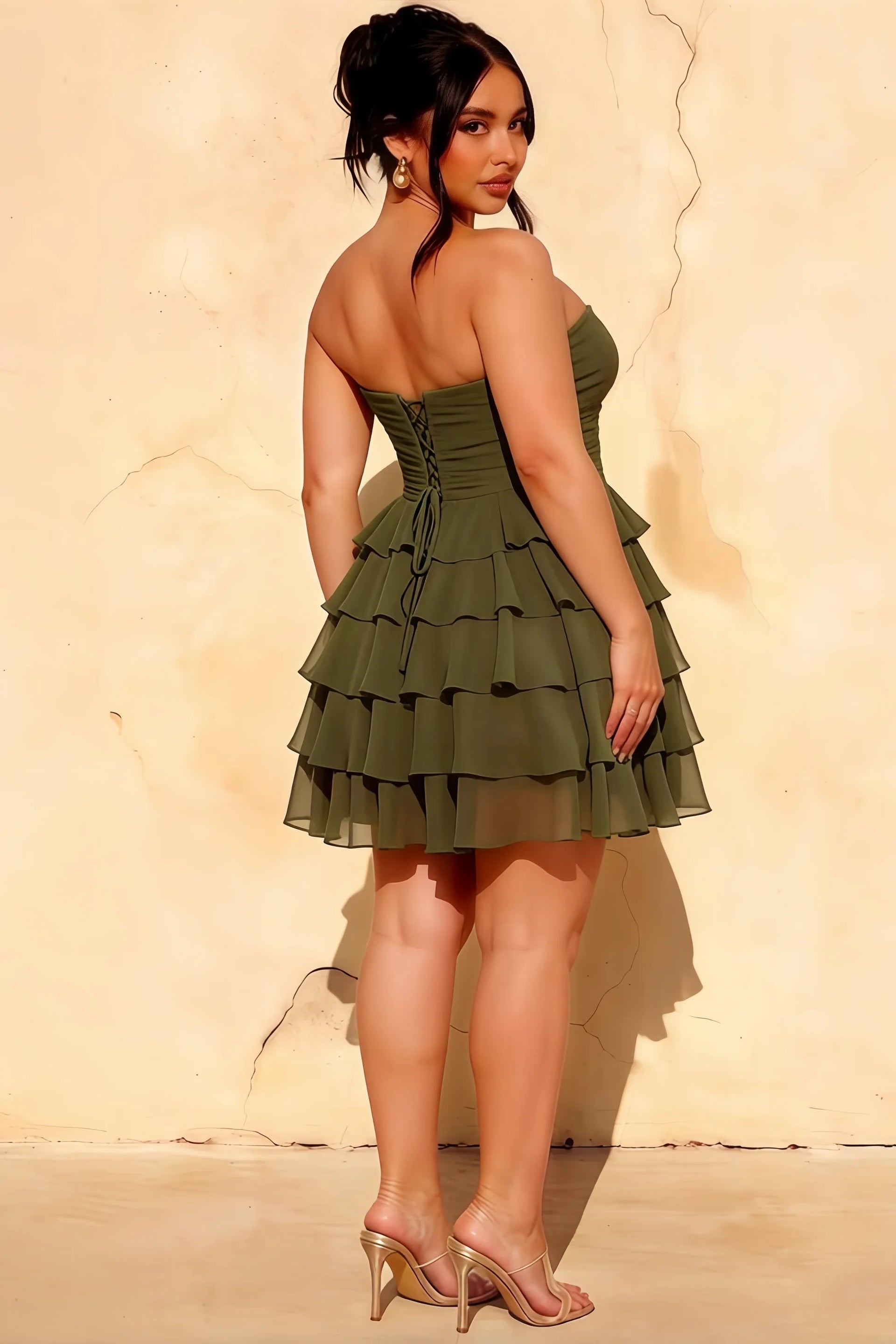Ellie Olive Green Sweetheart Neck Ruffle Mini Dress