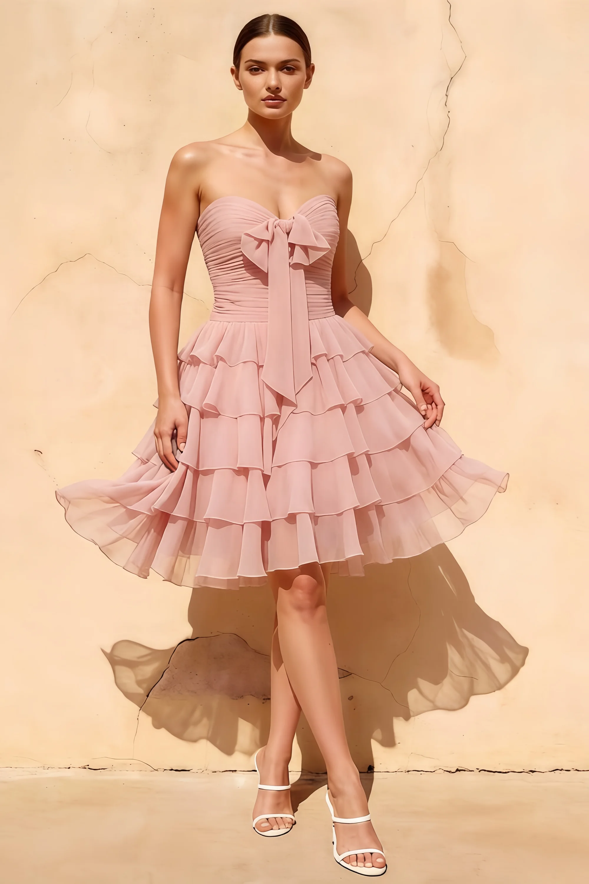 Ellie Pink Sweetheart Neck Ruffle Mini Dress