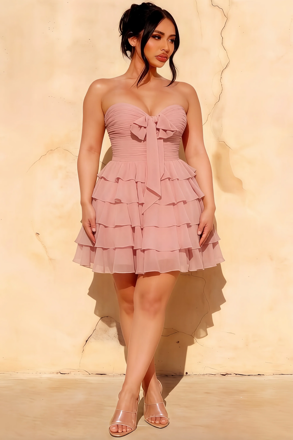 Ellie Pink Sweetheart Neck Ruffle Mini Dress