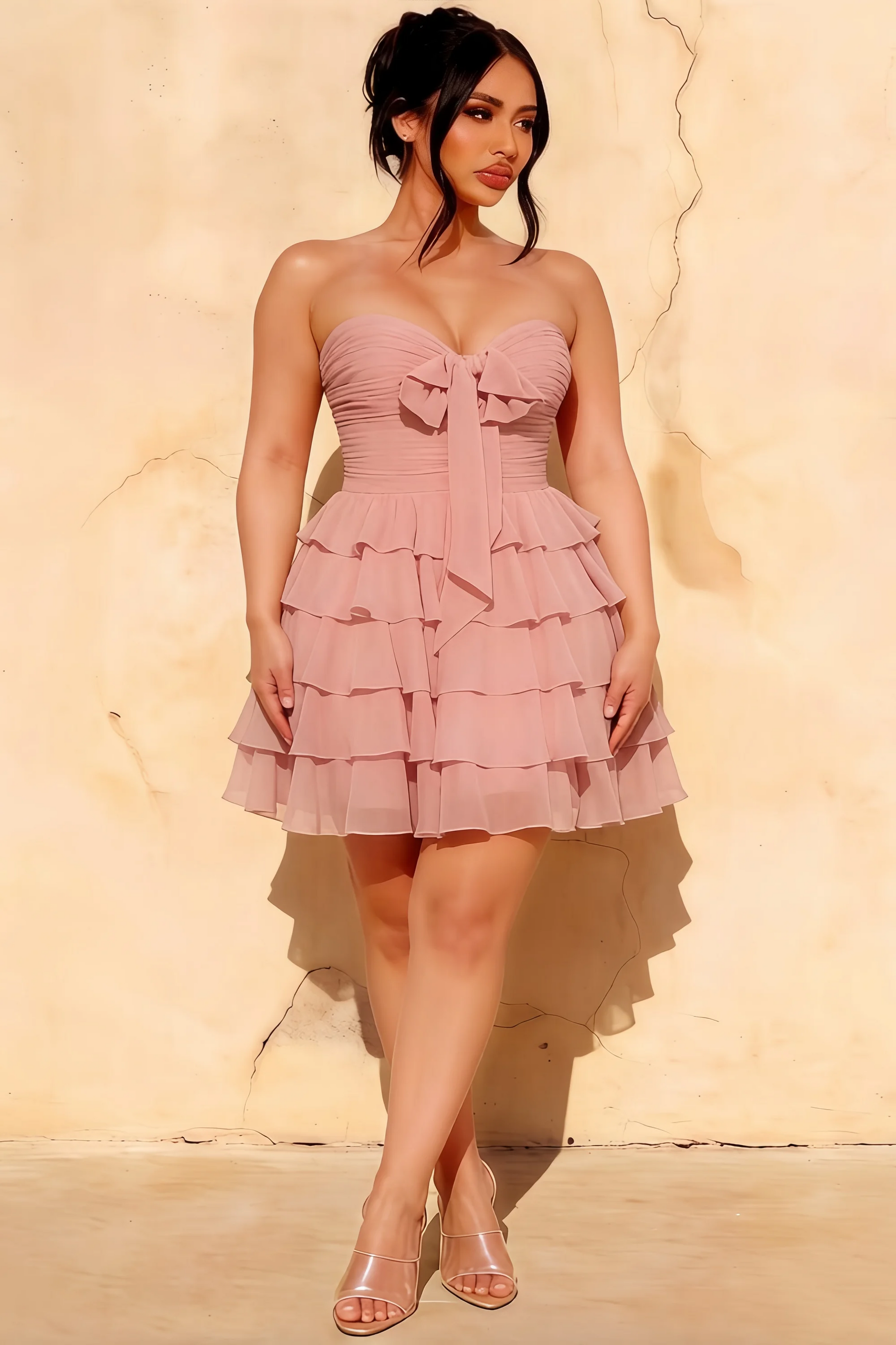 Ellie Pink Sweetheart Neck Ruffle Mini Dress