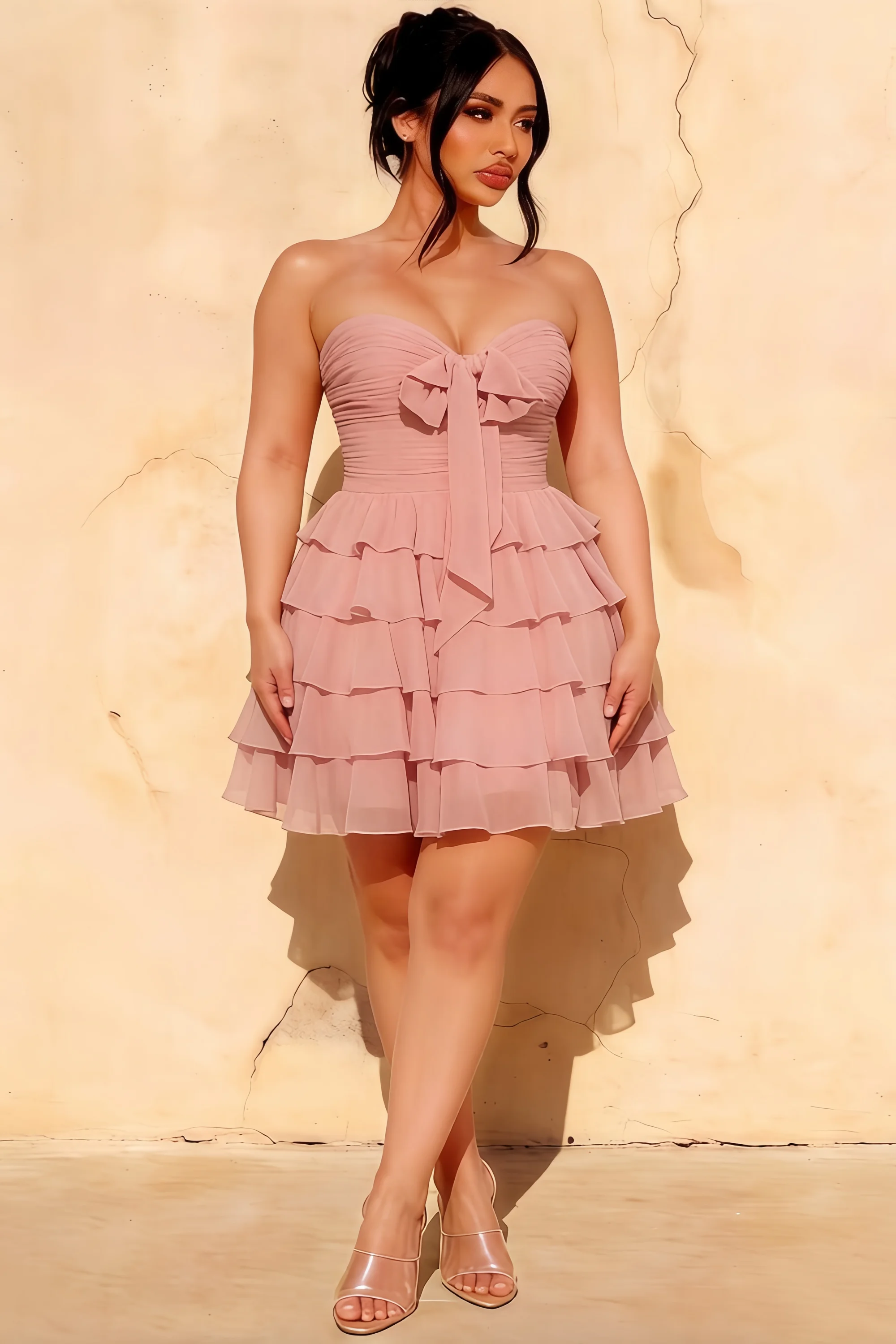 Ellie Pink Sweetheart Neck Ruffle Mini Dress