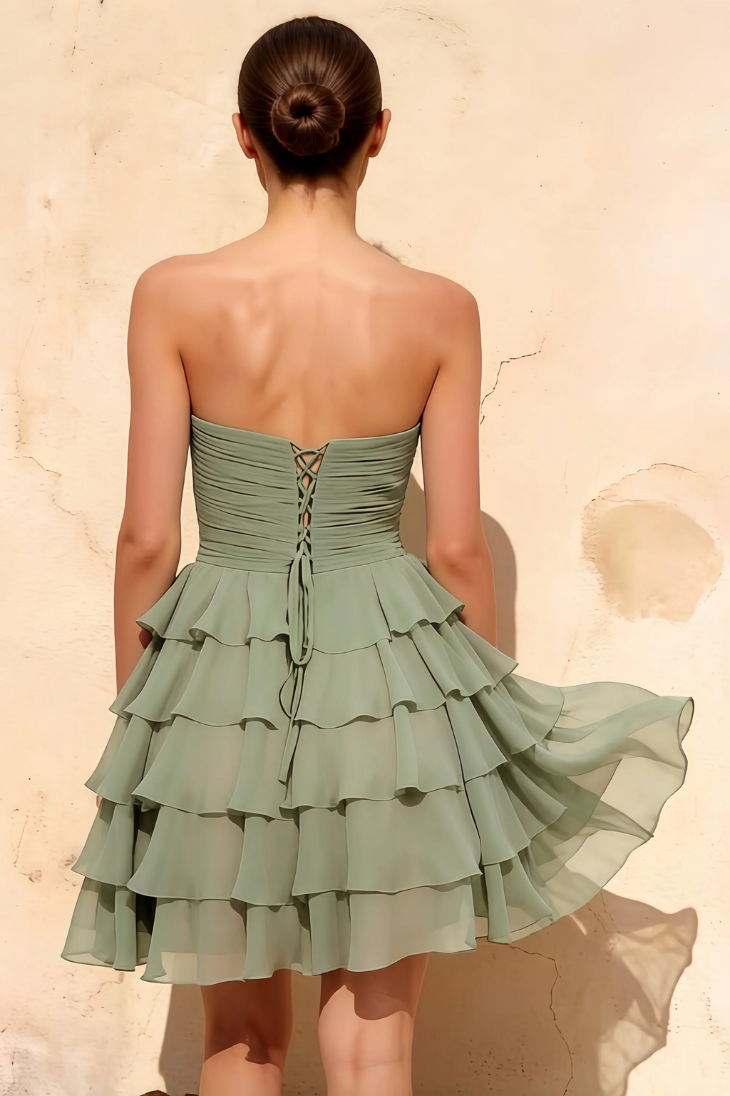 Ellie Sage Green Sweetheart Neck Ruffle Mini Dress