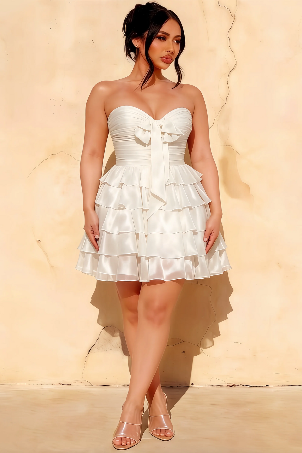 Ellie White Sweetheart Neck Ruffle Mini Dress