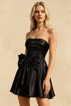Elly Black Satin Strapless Mini Dress With Bow