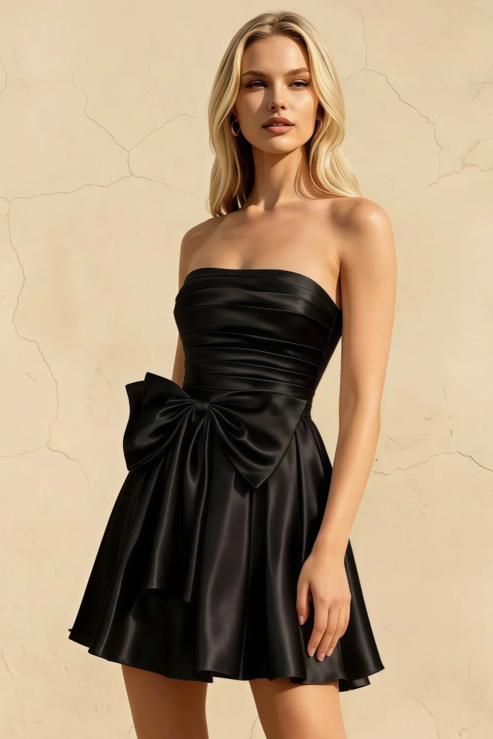 Elly Black Satin Strapless Mini Dress With Bow