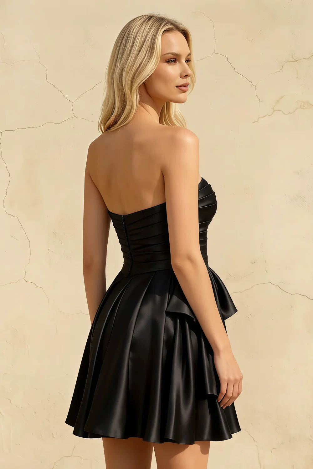 Elly Black Satin Strapless Mini Dress With Bow