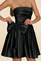 Elly Black Satin Strapless Mini Dress With Bow