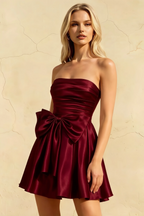 Elly Burgundy Satin Strapless Mini Dress With Bow