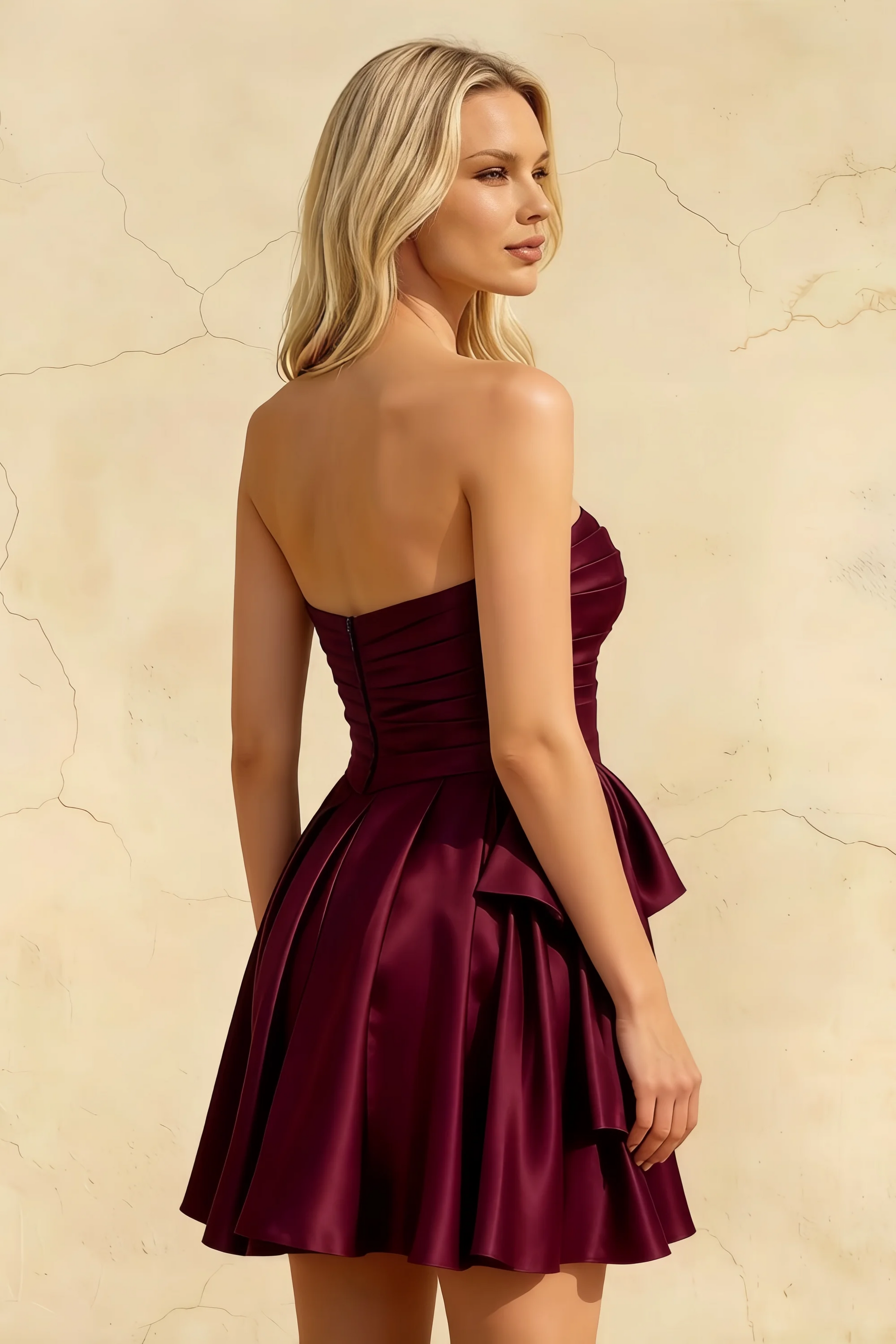 Elly Burgundy Satin Strapless Mini Dress With Bow