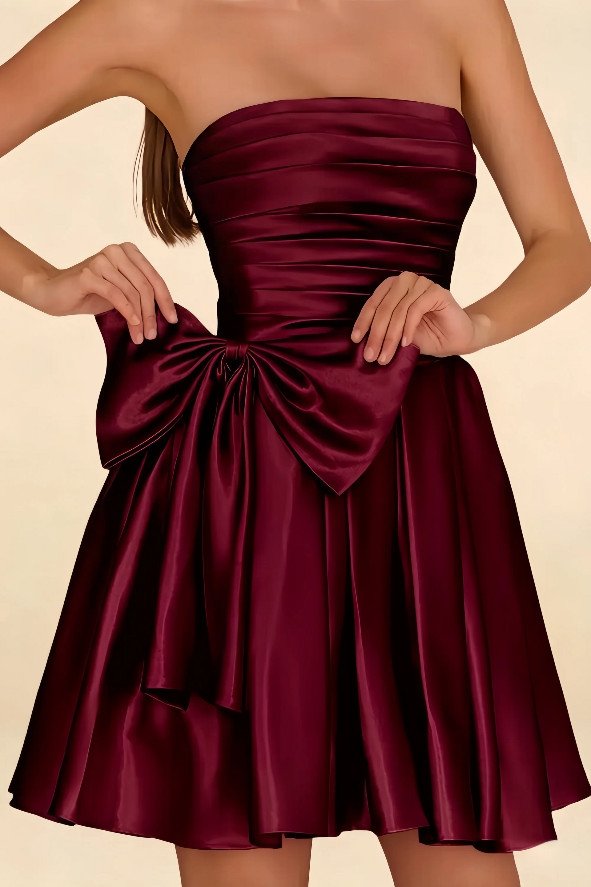 Elly Burgundy Satin Strapless Mini Dress With Bow