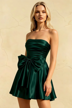 Elly Emerald Green Satin Strapless Mini Dress With Bow