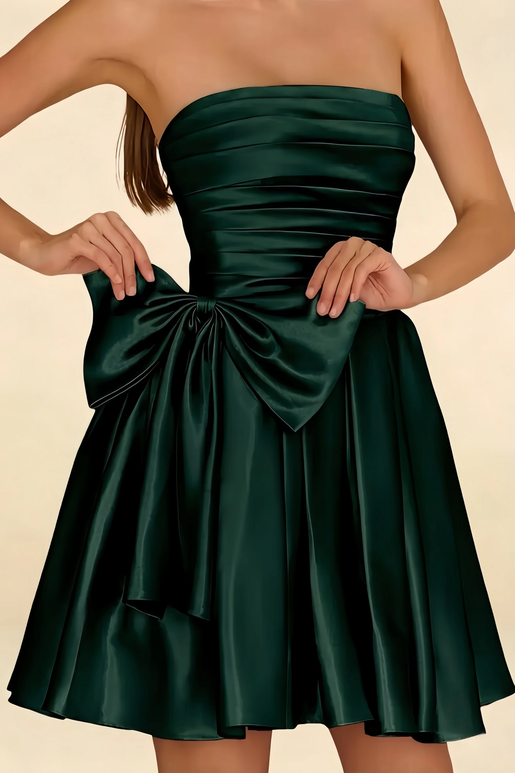 Elly Emerald Green Satin Strapless Mini Dress With Bow