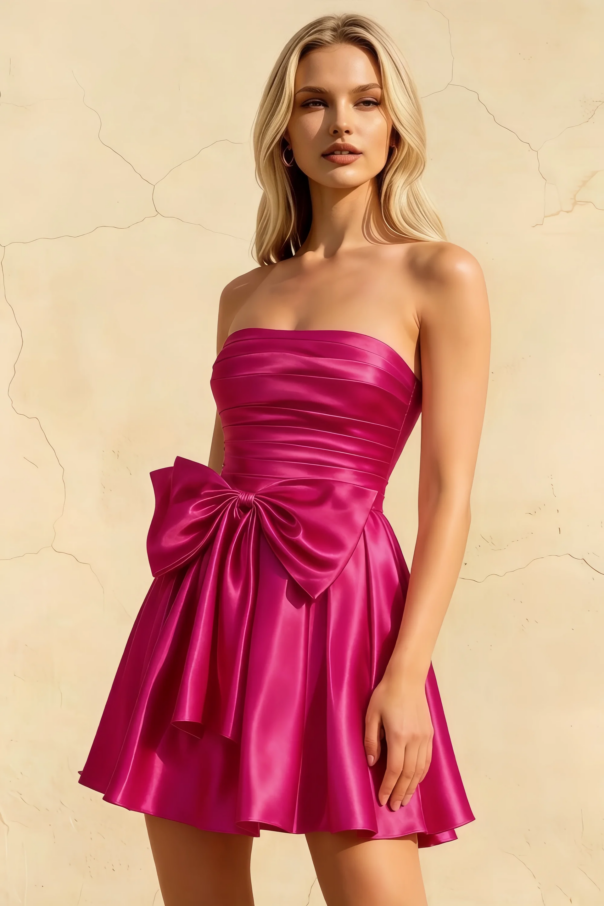 Elly Hot Pink Satin Strapless Mini Dress With Bow