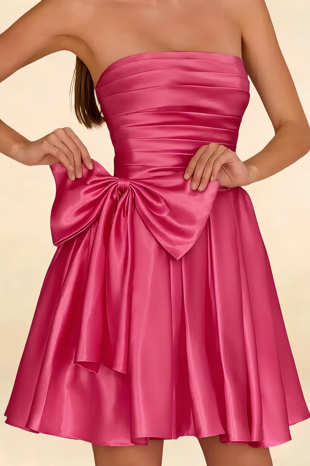 Elly Hot Pink Satin Strapless Mini Dress With Bow